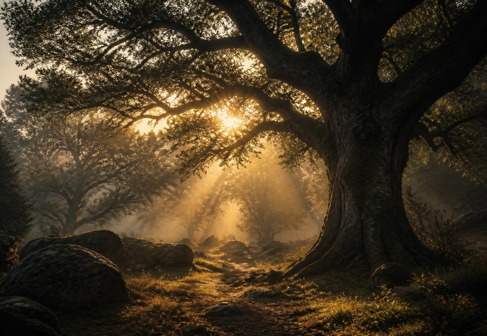 Ancient oak forest at first light